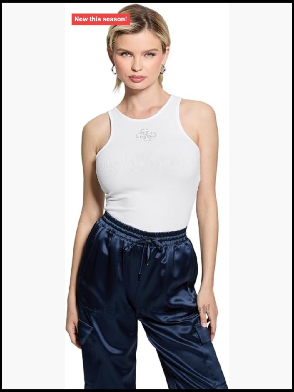 Sleeveless Ribbed Tank Top Slim Fit Round Neck Rhinestone Logo